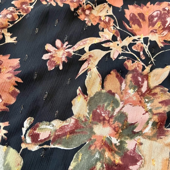 Haver & Blair Boho Flowy Sheer Floral Riffled Blouse Large Black Rust Olive - Picture 9 of 14